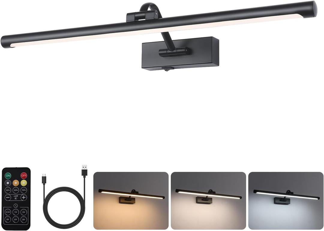 23.6 Inch Battery Operated Picture Lights for Wall Rechargeable Art Lighting for Paintings Wireless Gallery Lights with Remote Control and Dimmable Timed Off Black Wall Lights