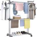 Bigzzia 3 Tier Clothes Drying Rack, 57 Inch Laundry Drying Rack, Foldable Stainless Steel Kids Clothing Rack, Movable Laundry Rack for Indoor Outdoor - Grey