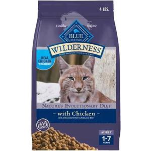 Blue Buffalo Wilderness Nature's Evolutionary Diet High-Protein, Grain-Free Natural Dry Food for Adult Cats, Chicken, 4-lb. 4 Bags, Best By: 12/10/2026