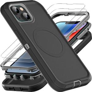 for iPhone 13/iPhone 14 Case, Compatible with Magsafe, 3 in 1 Heavy Duty Shockproof/Drop Proof/Dust Proof Case with 2Pcs Tempered Glass Screen Protector (New-Black/Grey)
