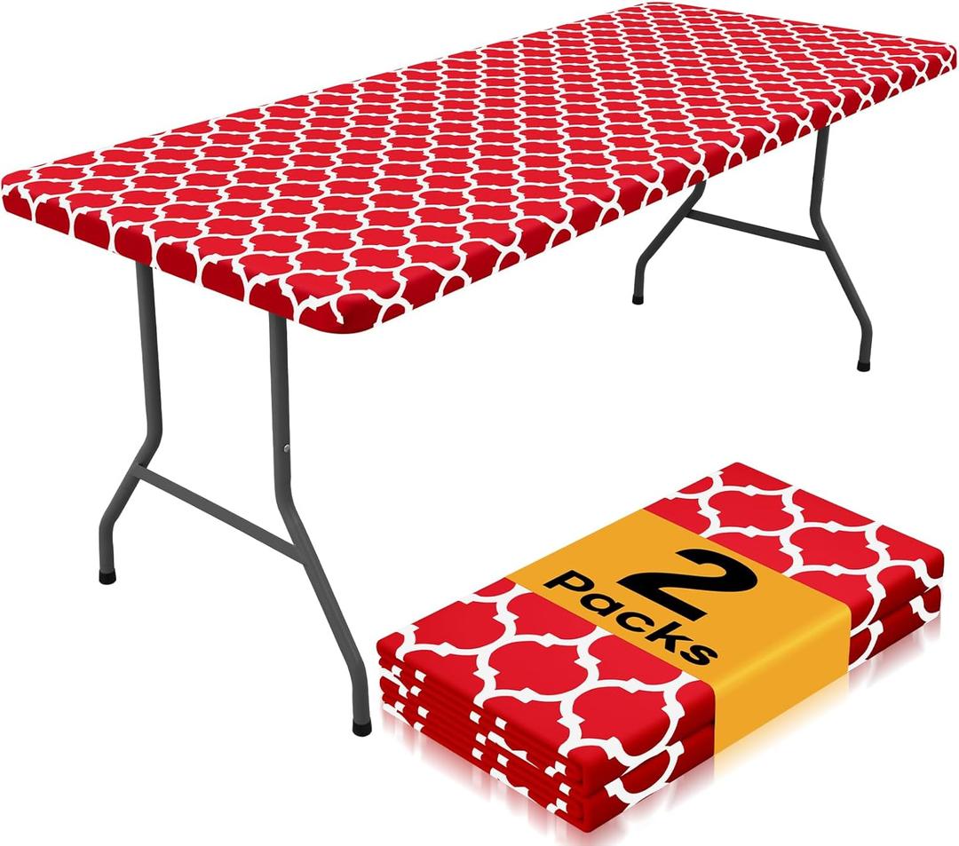 Smiry 2 Pack Rectangle Table Cloth 8 Foot, Waterproof Elastic Fitted Tablecloths, Windproof Washable Polyester Table Cover for Picnic, Camping, Outdoor (Red, 30"x96")