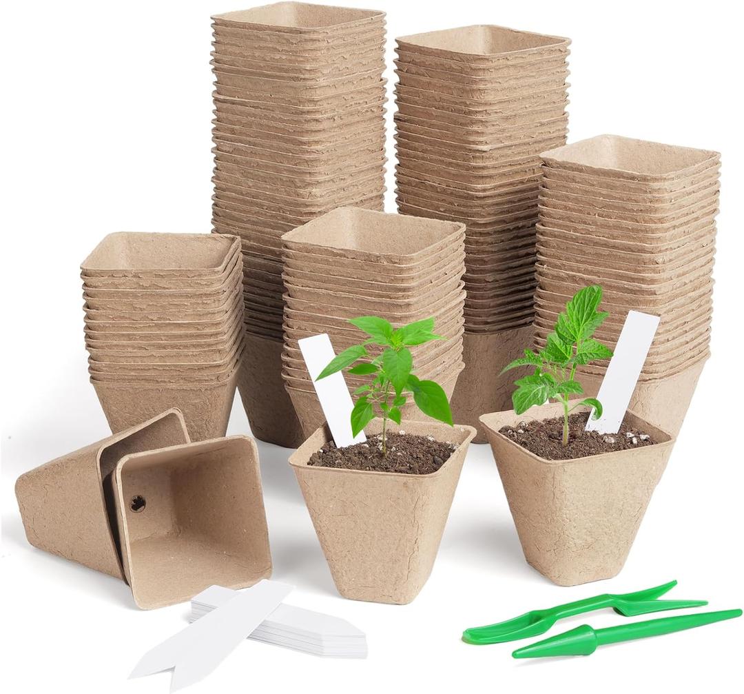 Square Peat Nursery Pots 12 Pcs 3in Biodegradable, with Humidity Dome and Label, Used for Outdoor Gardens in Plant Nurseries