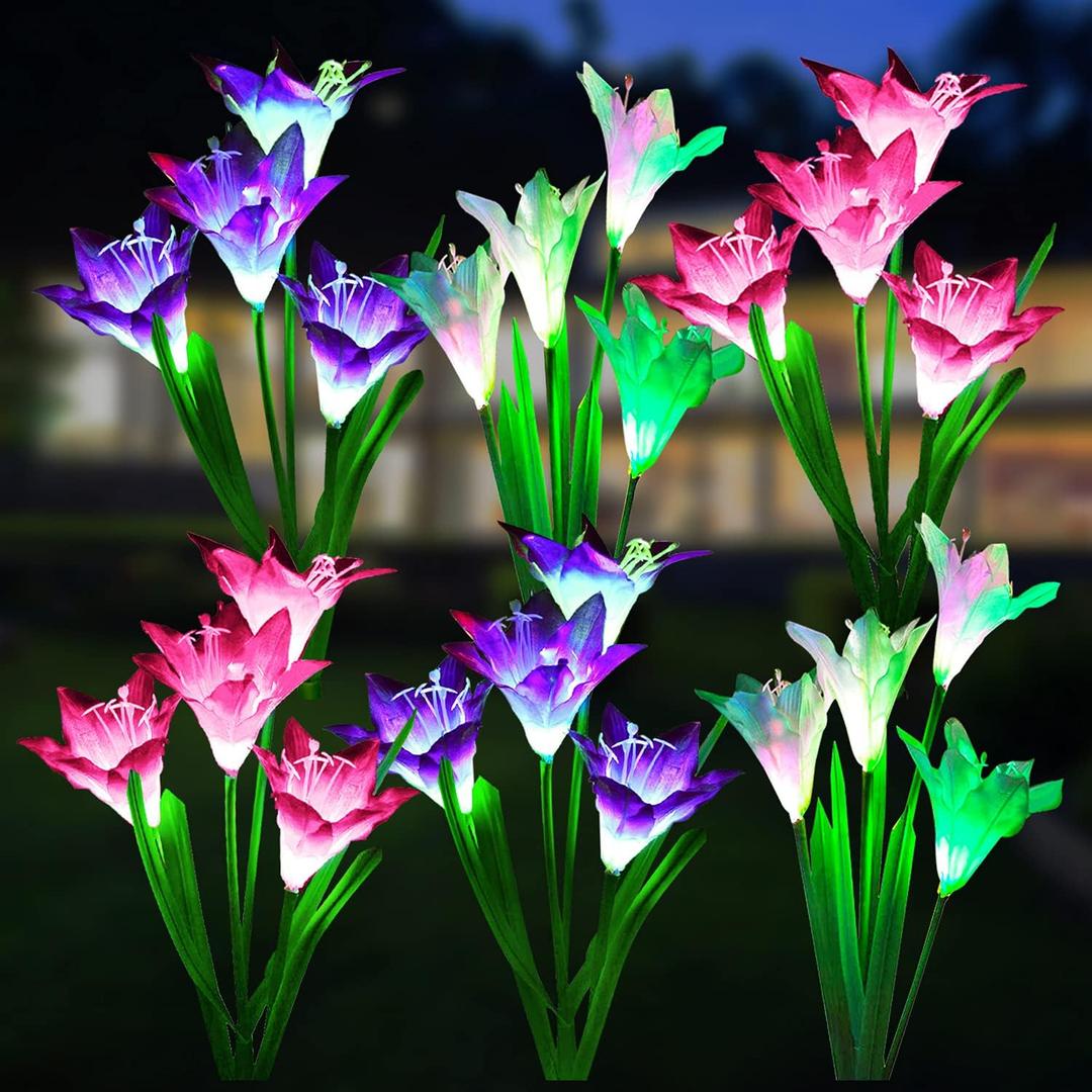 WdtPro Solar Lights Outdoor Garden Decorative 6 Pack, Waterproof Solar Garden Lights with 24 Lily Flowers, Color Changing LED Solar Powered Landscape Lights for Outside Yard Patio Decor,Gifts