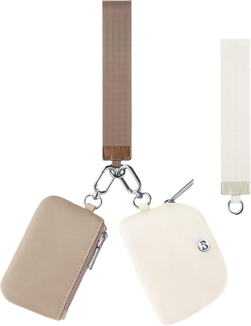 Babysun Mini Zip Around Dual Pouch Wristlet With 2 Straps Wristlet Keychain Wallet for Women Coin Purse Small Cute for Teen Girl (Khaki & Brown Upgraded)