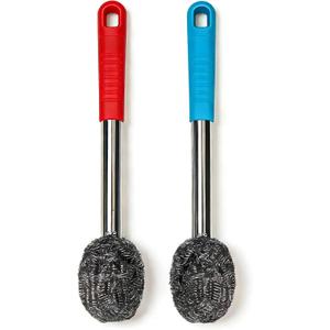 2 x 2PCS Steel Wool Scrubber with Handle Rustproof, Cast Iron Scrubber, Stubborn Messes Pot Brush, Remove Dirt for Cleaning Stoves,Sinks Dishes Grills Bowls & Metal Wire Sponge for Kitchens,Bathroom
