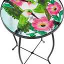 Home-X Hummingbird Glass Side Table with Iron Stand, Hand-Painted Accent Table and Patio Decor, Metal and Glass Table for Garden or Front Porch, 17 " L x 11 " D