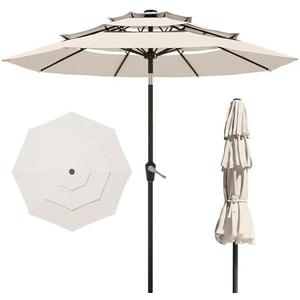 PatioKingdom 9ft 3-Tier Patio Market Umbrella with Crank/Tilt, Commercial Heavy Duty Wind Proof,Outdoor Table Umbrella with 8 Fiberglass Ribs,UPF50+ for Deck,Pool,Garden,Backyard (Creamy-white)