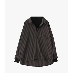 Fake Two Piece Striped Shirt for Women Patchwork Turtleneck Shirt Spring Long Sleeve Casual Loose Blouse, L