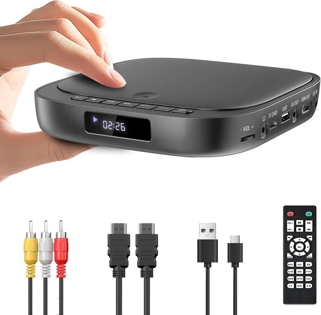 Mini DVD Players for TV, Desobry HD 1080P Region Free DVD Player with USB/TF Card Input, HDMI/RCA Cable, Compact CD DVD Player Integrated PAL/NTSC
