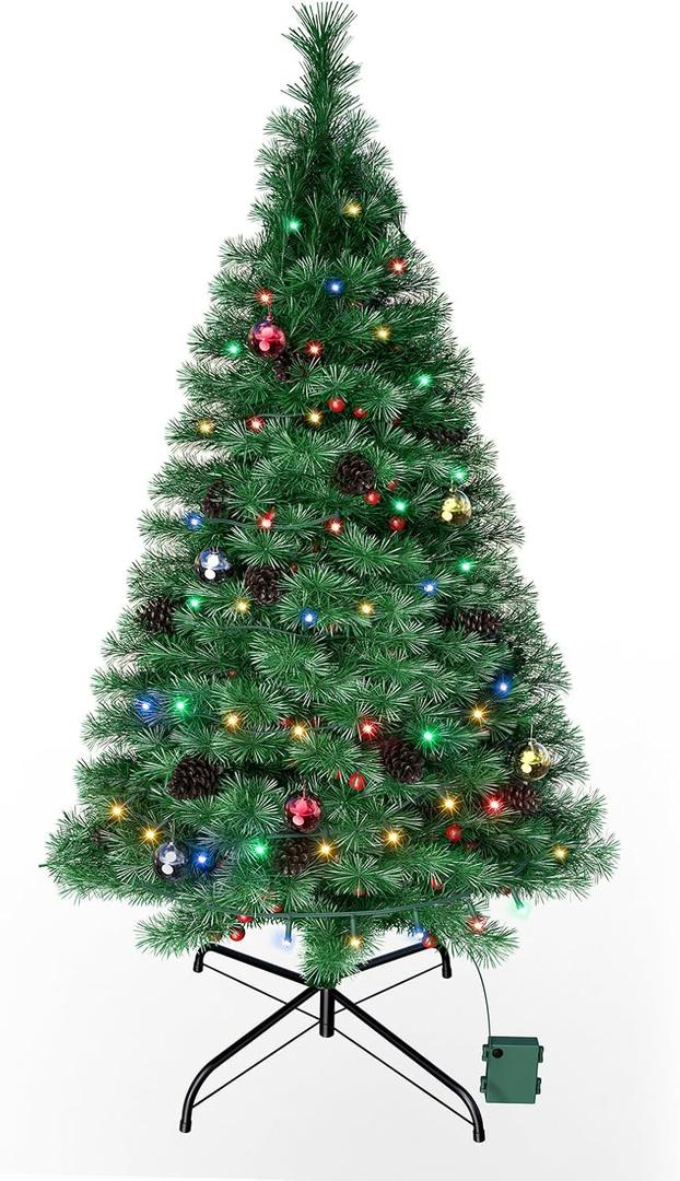 Amzxart 4FT Christmas Tree,Artificial Christmas Tree with 70 Dual-Colored LED Battery Operated Christmas Light,227 PVC Branche,Foldable Base, Xmas Ball and Red Berry Xmas Tree for Indoor Outdoor Decor