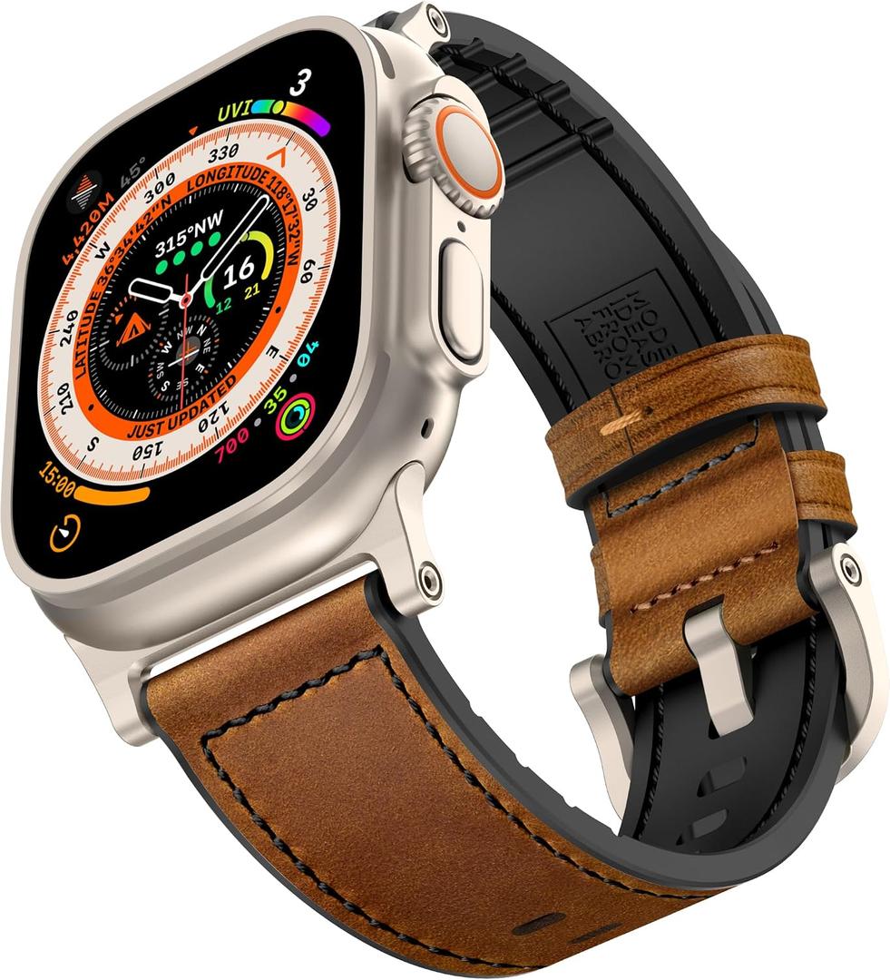 Compatible with Apple Watch Band 49mm 46mm 45mm 44mm 42mm, Mifa Leather Silicone Hybrid iWatch bands for Men Women, Replacement Loop Vintage Sports iWatch Strap for Series Ultra 2 1 10 9 8 7 6 5 SE