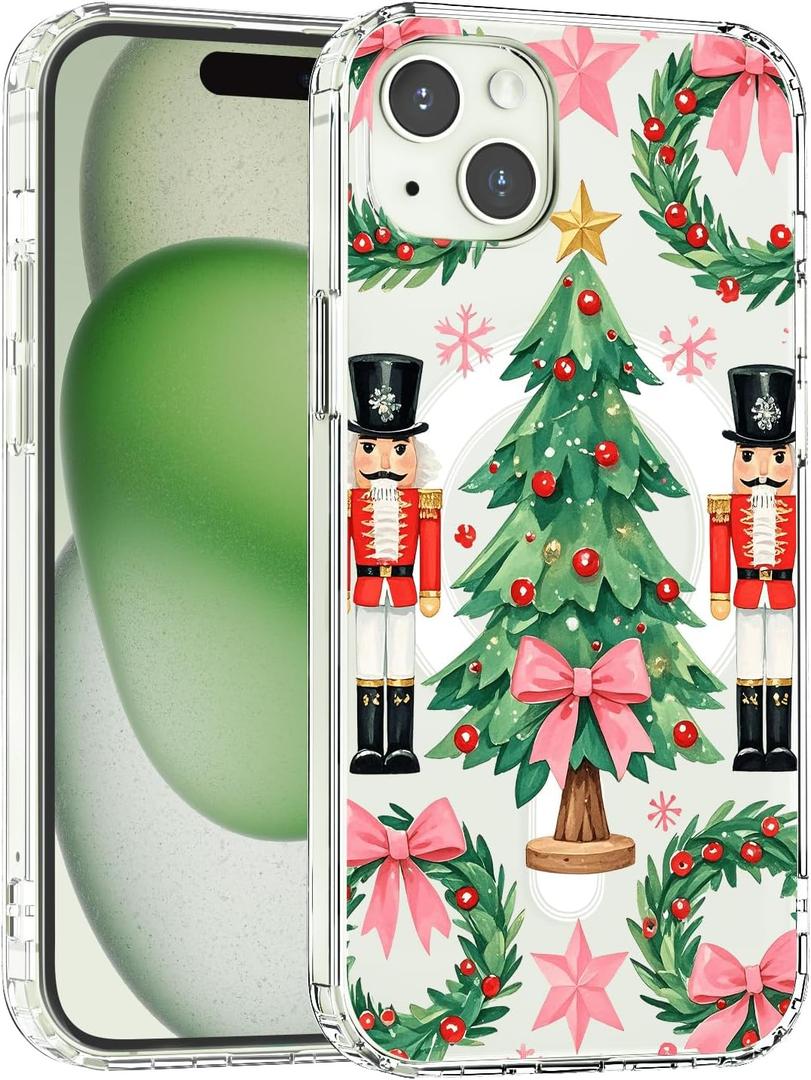 for iPhone 16 Case - Compatible with MagSafe Cute Nutcracker Christmas Tree Pink Bow Holly Wreath Preppy Printed Clear Magnetic Case Shockproof Phone Cover