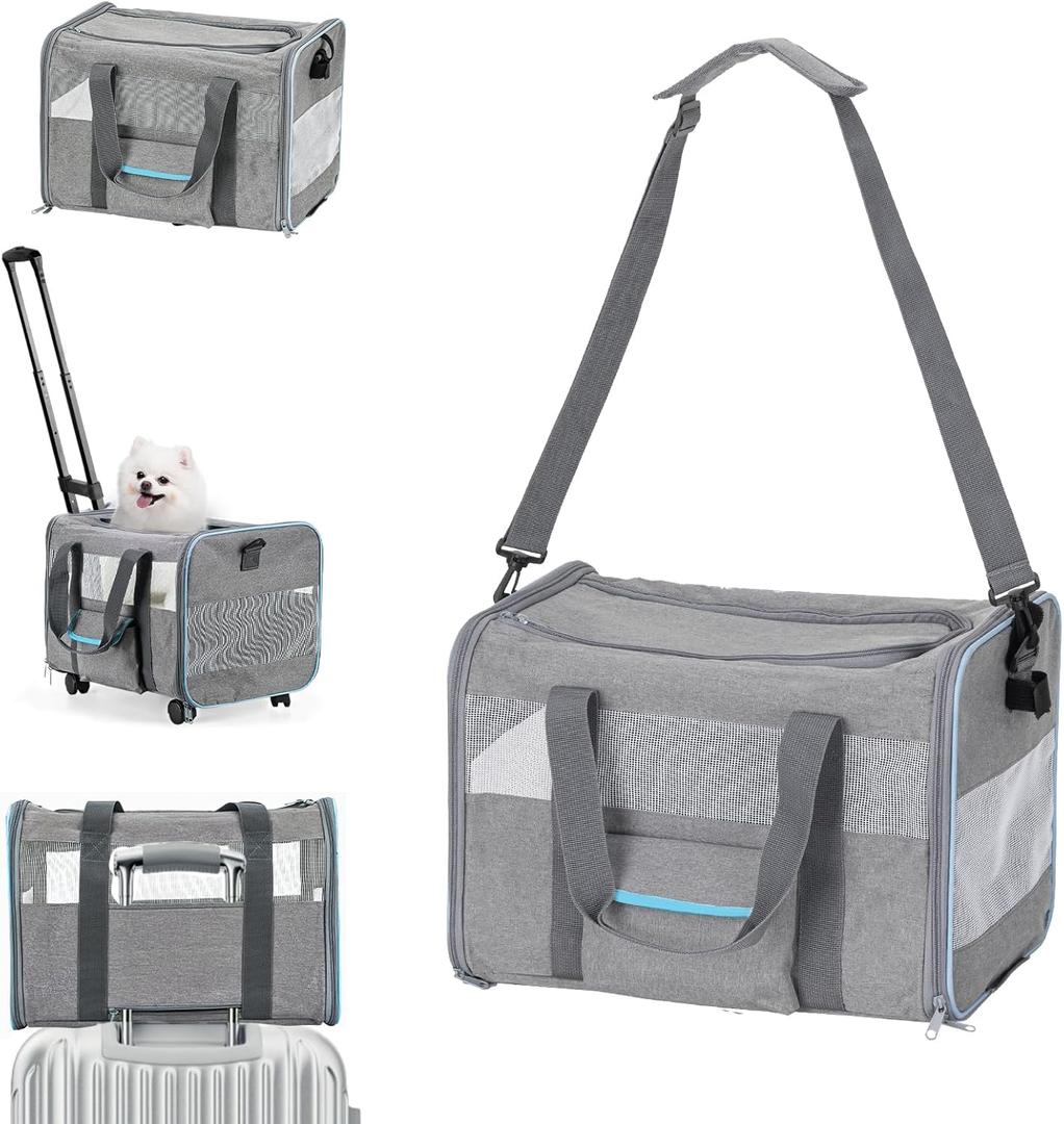 Pet Carrier for Small Pet, Cat Dog Carrier for Car Soft Sided Dog Rolling Crate Cat Travel Bag up to 20 Lbs (Grey)