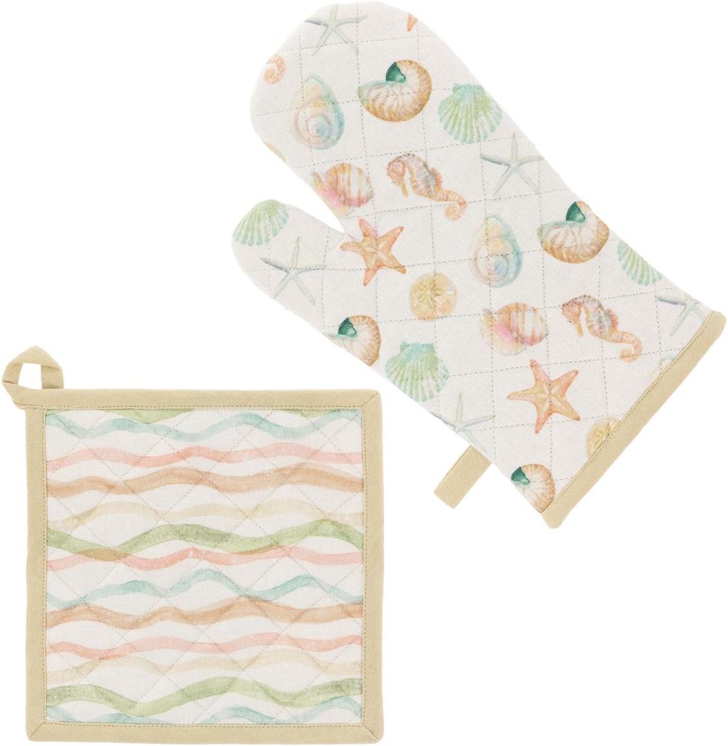Boston International Cotton Pot Holder & Oven Mitt, Marine Life/Watercolor Wave, 7.5" and 8" x 13"