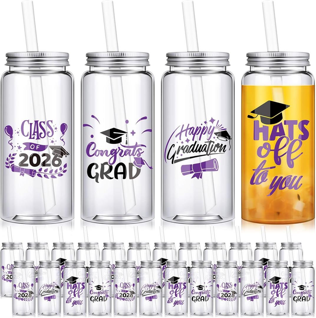 Jingmore 24 Pcs Graduation Cups with Straws Bulk 13.5 oz Class of 2026 Plastic Mason Jars Reusable Tumbler Coffee Tea Hot Cocoa Beverage Happy Graduation Tumbler for Congrats Grad Party Gifts(Purple)