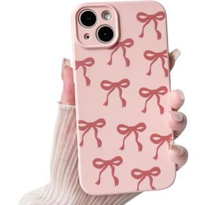 NITITOP Compatible with iPhone 14 Plus Case Cute Bow Knot Ribbon Pattern for Girls Women Trendy Bowknot Slim Fit TPU Bumper Silicone Shockproof Full Camera Protection Cover - Pink