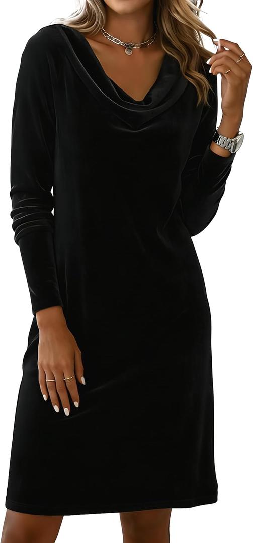 Women's 2025 Velvet Cowl Neck Long Sleeve Mini Dress - Elegant Christmas Party Cocktail Dress for Fall Winter Black (Black, M)