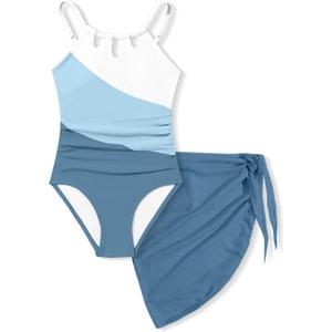 KANGKANG Girls Swimsuit Quick Dry Cut Out One Piece Swimsuits with Tropical Print Cover Up Skirt Bathing Suit Swimwear 7-18Y (13-14 Years, White+Dark Blue)