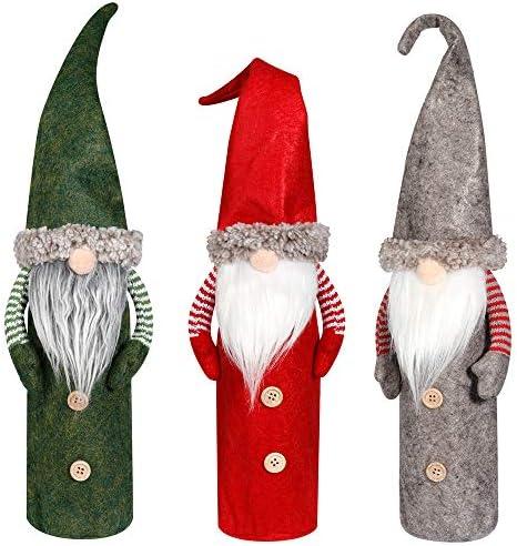 D-FantiX Christmas Gnomes Wine Bottle Cover, Handmade Swedish Tomte Gnomes Wine Toppers Santa Claus Bottle Bags with Drawstring Style Holiday Home Christmas Decorations Gift 3 Pack