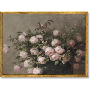Large Gold Framed Vintage Flower Still Life Wall Art Romantic Floral Canvas Painting Poster Pink Rose Print with Antique Golden Frame Wall Decor for Cottagecore Living Dining Room Bedroom 36x24inch