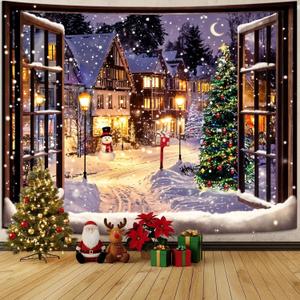 Lifeel Christmas Landscape Tapestry Wall Hanging, Peaceful Scene of Snowmen on the Street Outside the Window Large Holiday Backdrop Decoration for Bedroom Living Room Party (80"L x 60"W, Blue)