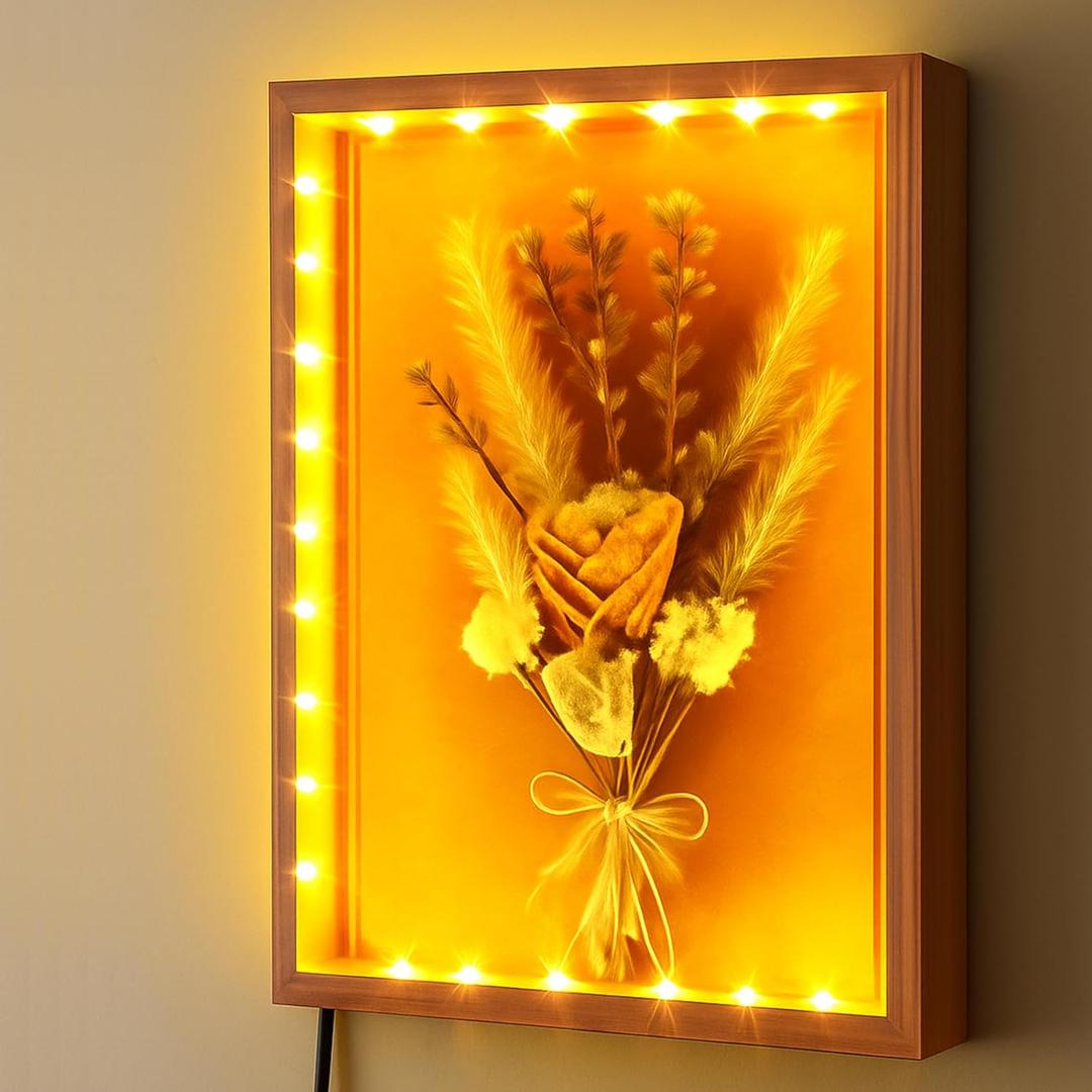 Shadow Box with LED Light for Dried Flowers, Changeable Picture Display & Storage, Frame Wall-mounted & Tabletop Art Display Shadow Box Frame (Light Red)