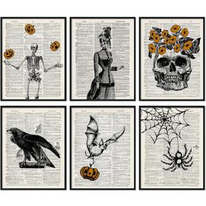 2 x Whaline 6Pcs Halloween Canvas Wall Art Prints Vintage Newspaper Style Skeleton Bat Art Poster Spooky Gothic Wall Decor for Gallery Living Room Bedroom (UNFRAMED 8 x 10in)