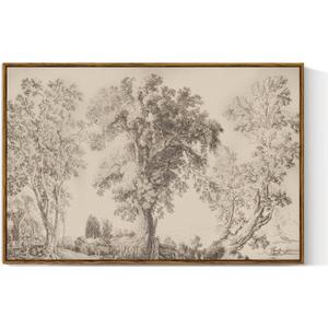 VIYYIEA Large Framed Canvas Wall Art, 24x36 Inch Vintage Tree Sketch Landscape Art Print, Neutral Nature Wall Decor for Living Room Bedroom Office