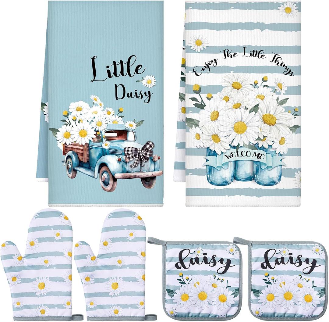 Bencailor 6 Pcs Spring Kitchen Decor Sunflower Pot Holders and Oven Mitts Sets Yellow Kitchen Towel 2 Farmhouse Cooking Mittens for Cooking Grilling Supply Accessories(Blue, White,Daisy)