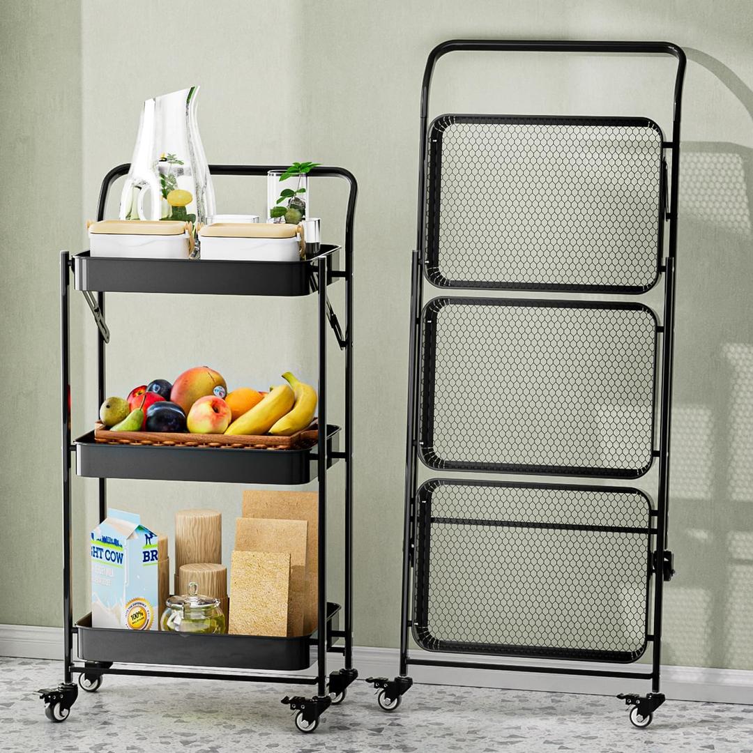 JAQ No Assembly Foldable Rolling Cart, 3 Tier Black Metal Folding Utility Cart with Handle, Heavy Duty Mobile Storage Organizer on Wheels for Office, Garage, Tools & Kitchen (Black)