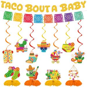 Taco Bout a Baby Shower Decorations, 13 Pcs Mexican Fiesta Party Decor with Gold Glitter Banner Hanging Swirls Honeycombs for Gender Reveal Cinco de Mayo and Fiesta Themed Parties