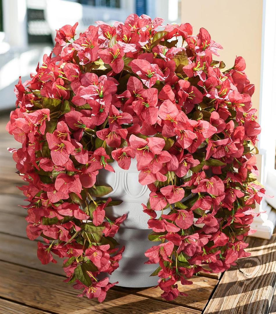 Bougainvillea Artificial Flowers Fake Plants for Outdoors Winter Decoration, 2 pcs Faux Long Trailing Vines UV Resistant Look Real Red Silk Flowers for Outside Planter Front Door Porch Urn Yard Patio