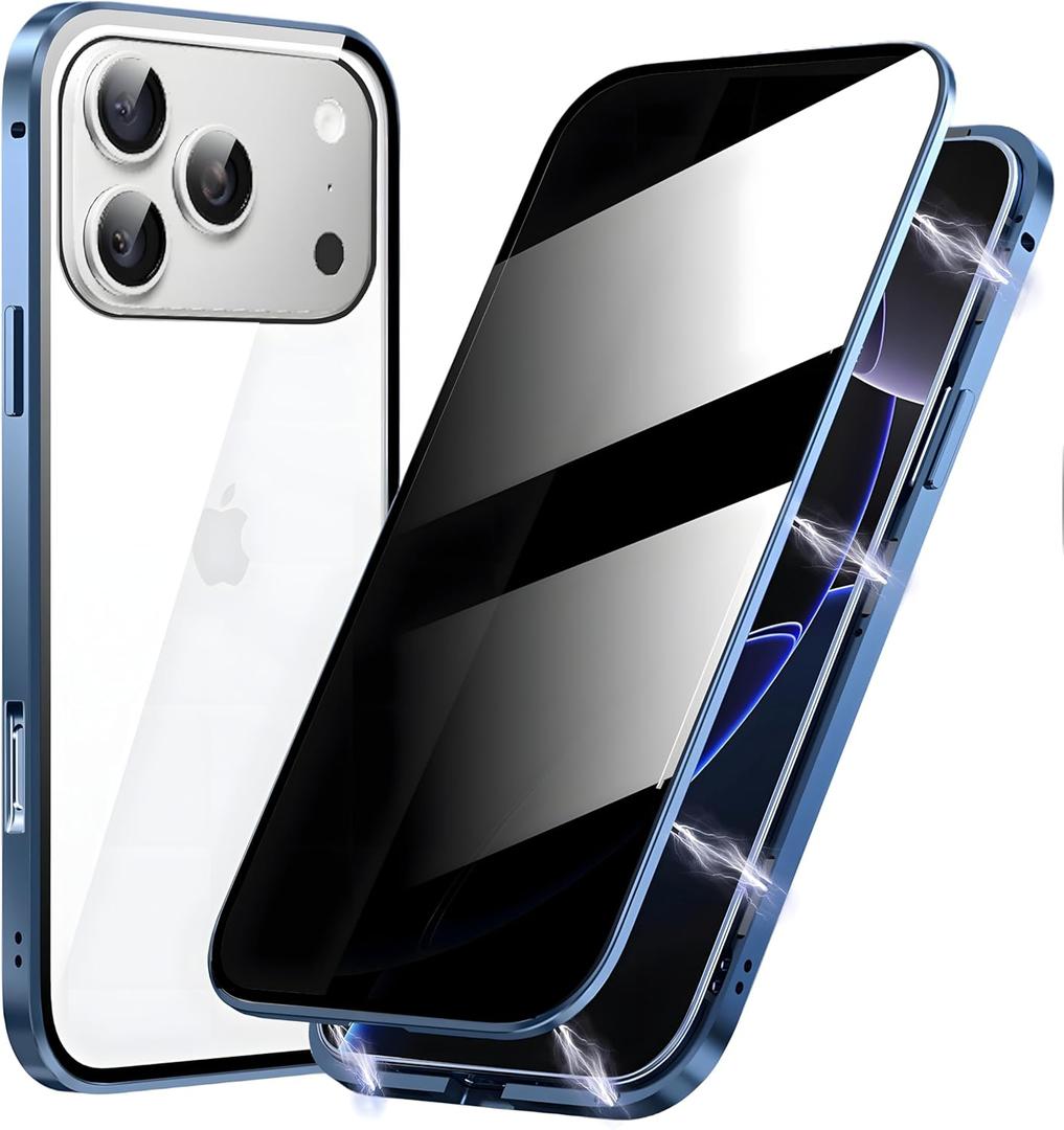 Metal Titanium Frame Privacy Case for iPhone 17 Pro, Privacy Screen Protector, Magnetic Adsorption with Safety Buckle Lock, Double Side Tempered Glass, Clear Back Full Body Protection Anti Peep Cover