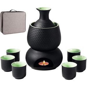 Ceramic Sake Set Cups with Warmer Keep Sake Storage Box, Traditional Porcelain Pottery Hot Saki Drink, 9pcs include 1 Stove 1 Warming Bowl 1 200ml Sake Bottle 6 Cup