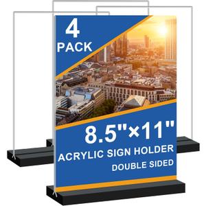 Seencool 8.5x11 Acrylic Sign Holder Vertical Double-sided Tabletop Sign Holder with Black Base, Plastic Picture Frame Paper Holder, Clear Menu Display Stand for Office Restaurant Store Home 4 pack