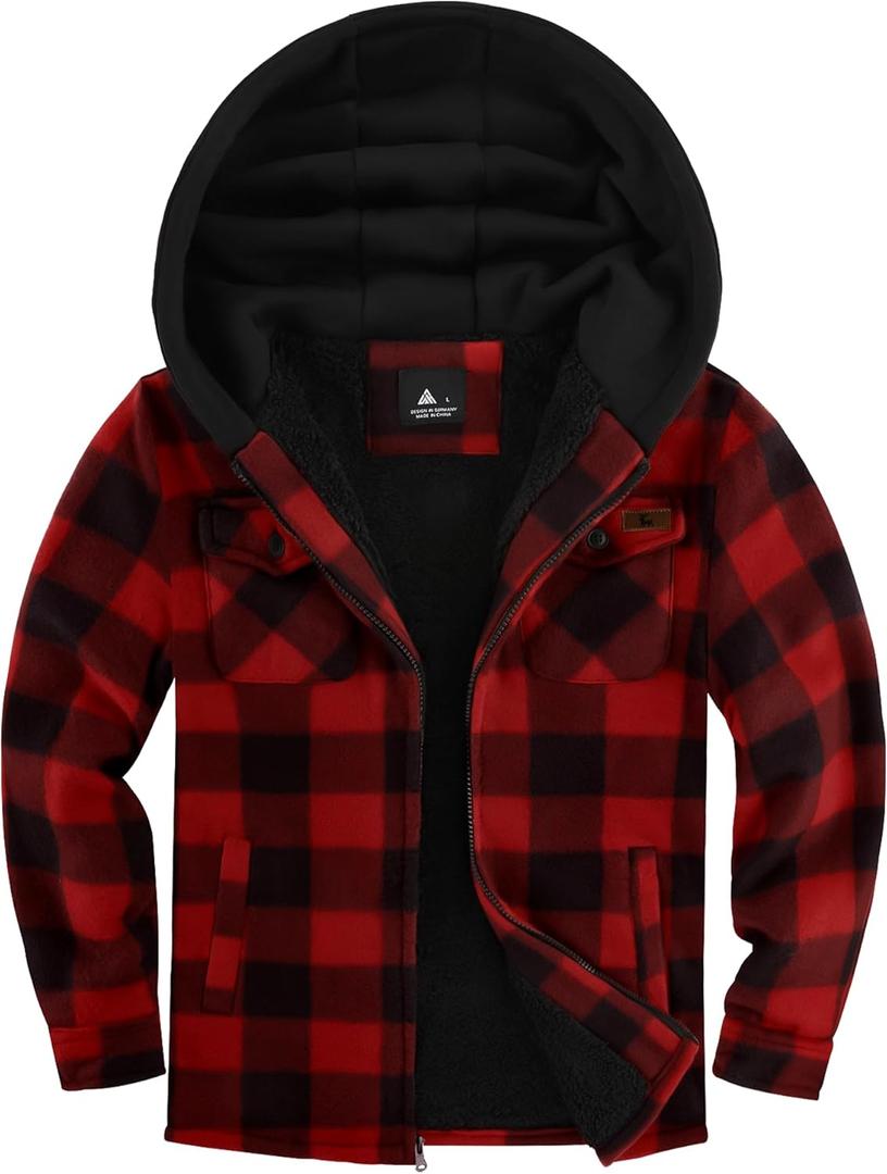 JACKETOWN Boys Fleece Jacket Kids Plaid Flannel Shacket Shirts Sherpa Hoodie Zip Up Sweatshirt Winter Coat 6-15 Years (12-13 Years, Red Black)