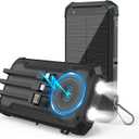 Solar Power Bank 20000mAh Wireless Portable Charger Built-in 3 Cables 15W USB-C Fast Charging Black Battery Pack Compatible with iPhone, Samsung, Emergency LED Flashlights Perfect for Camping, Hiking