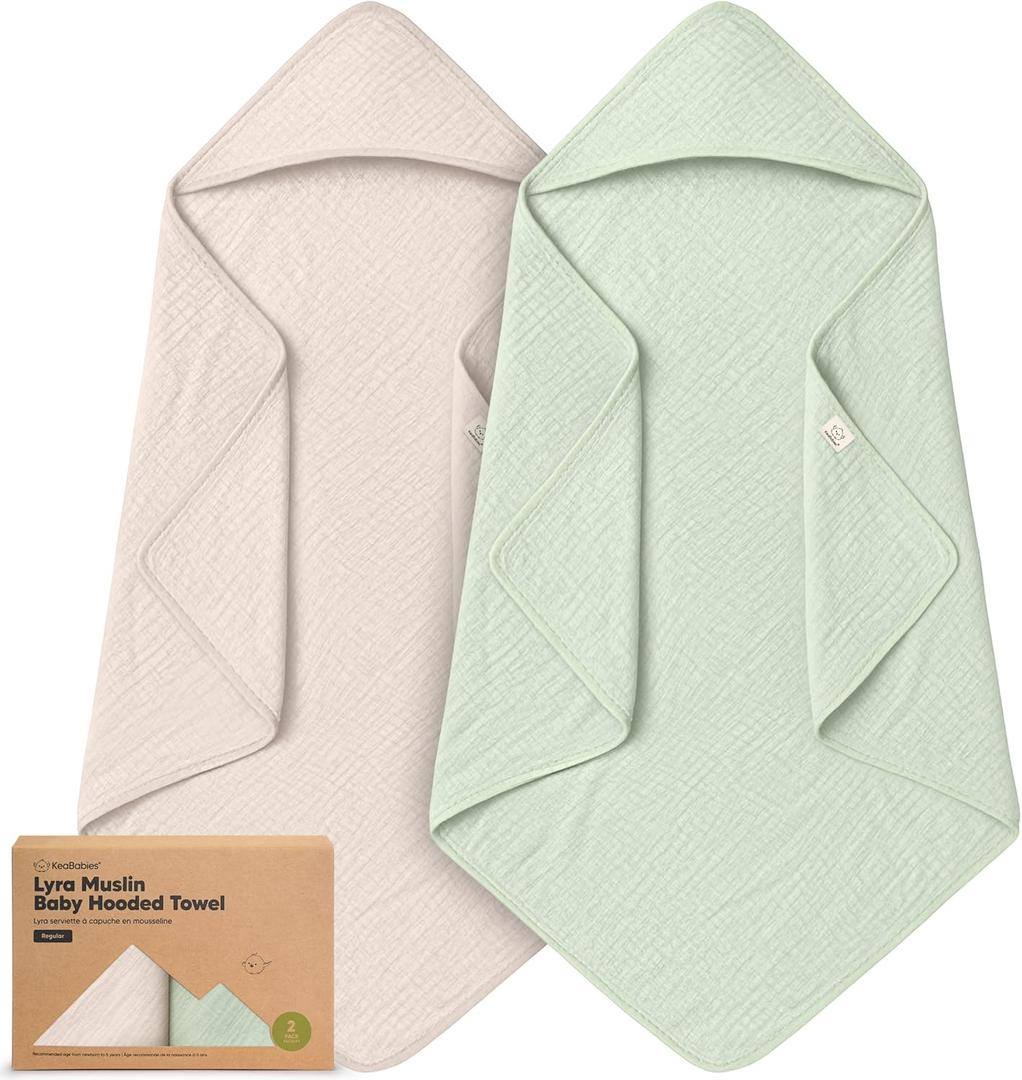 KeaBabies Muslin Hooded Baby Towels for Newborn Girls, Boys - 2-Pack, 35x35 Organic Cotton Baby Bath Towels Hooded, Soft Absorbent, Toddlers, Kids, Infant, Newborn Bath Essentials (Sage, Regular)