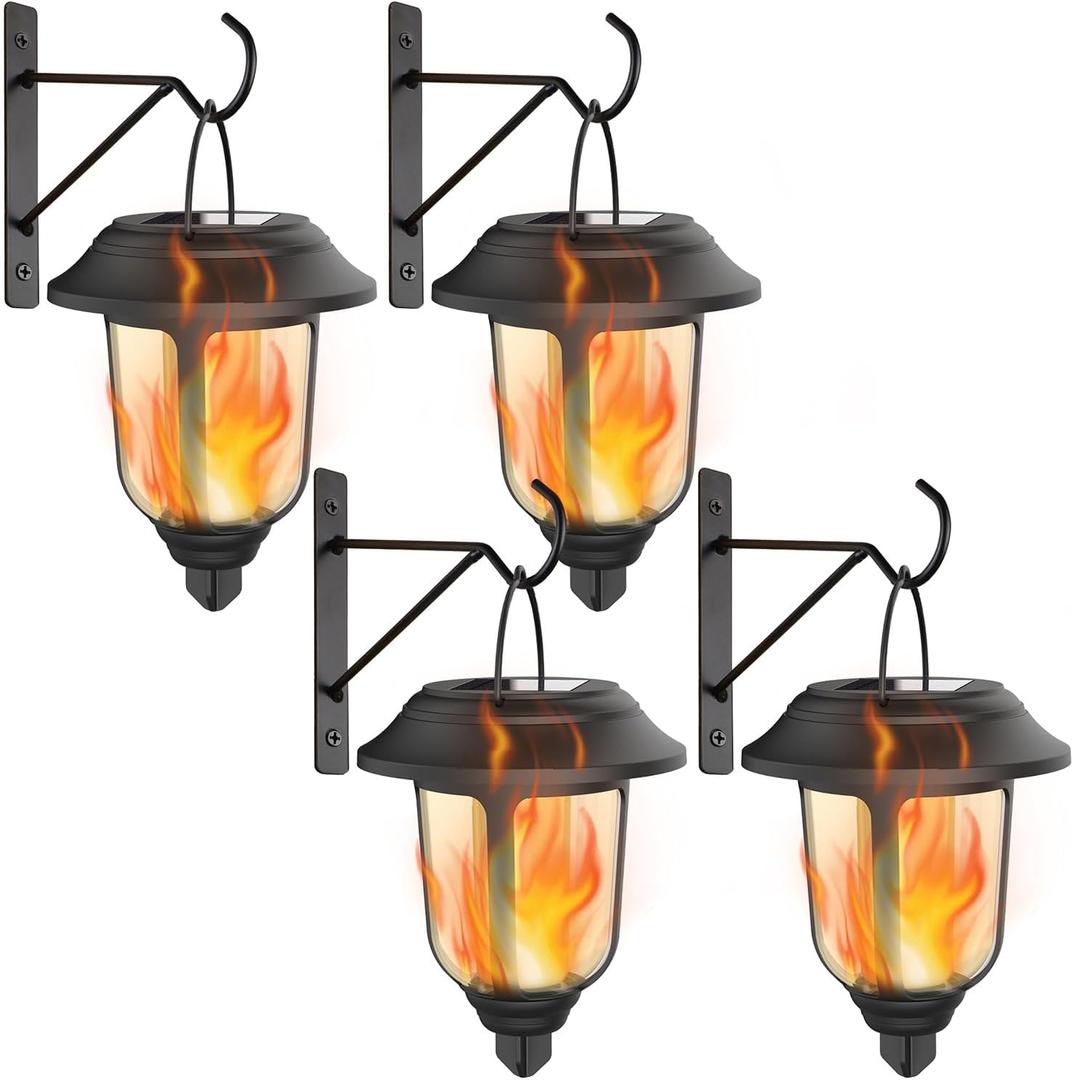 Dynaming 4 Pack Solar Flame Lanterns Outdoor, Hanging Solar Powered Wall Mounted Sconce Lights, Flickering Flame LED Light Auto On/Off, Waterproof for Garage Stair Patio Front Porch Yard