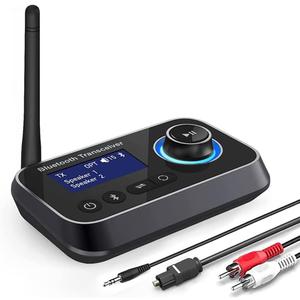 Ainostone Bluetooth 5.3 Transmitter Receiver for 2 Headphones 3-in-1 Audio Adapter with Bypass Low Latency LCD Display ON/OFF Switch Volume Control Optical AUX RCA for Headphone Speaker TV Home Stereo (Black Grey)