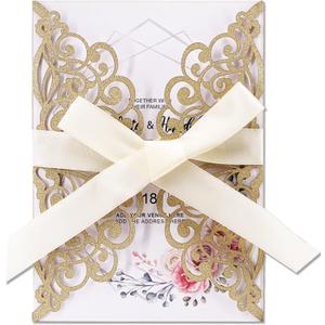 50Pcs Laser Cut Wedding Invitation With Glitter Envelopes And Ribbons Blank Personalized Card Invitaciones Para quinceaera Birthday Baby Shower Christmas Party Bridal Shower (Gold)