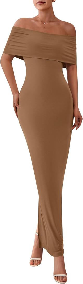 PRETTYGARDEN Women's Off The Shoulder Maxi Dresses 2025 Summer Formal Elegant Cocktail Party Wedding Guest Long Dress (Brown, XL)