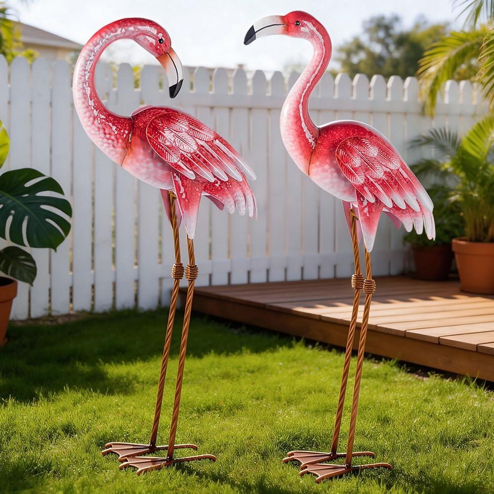 Natelf Pink Flamingo Yard Decorations, Metal Garden Statues and Sculptures, Standing Bird Lawn Ornaments for Patio Backyard Pond Decorations Set of 2, 12.01 Inches