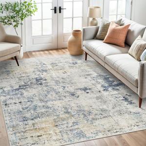 6x9 Abstract Area Rugs for Living Room 6 x 9 Washable Non Slip Low Pile Gray Rugs for Bedroom Dining Room Foldable Thin Blue Yellow