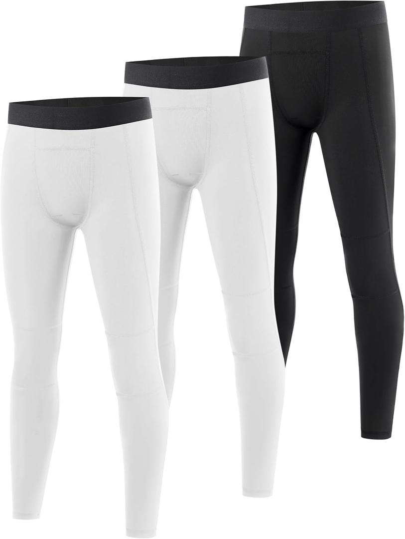 Boys Compression Pants Leggings, Quick Dry Youth Athletic Tights, Kids Basketball Base Layer for Sports Running (X-Small, Black+white+white)