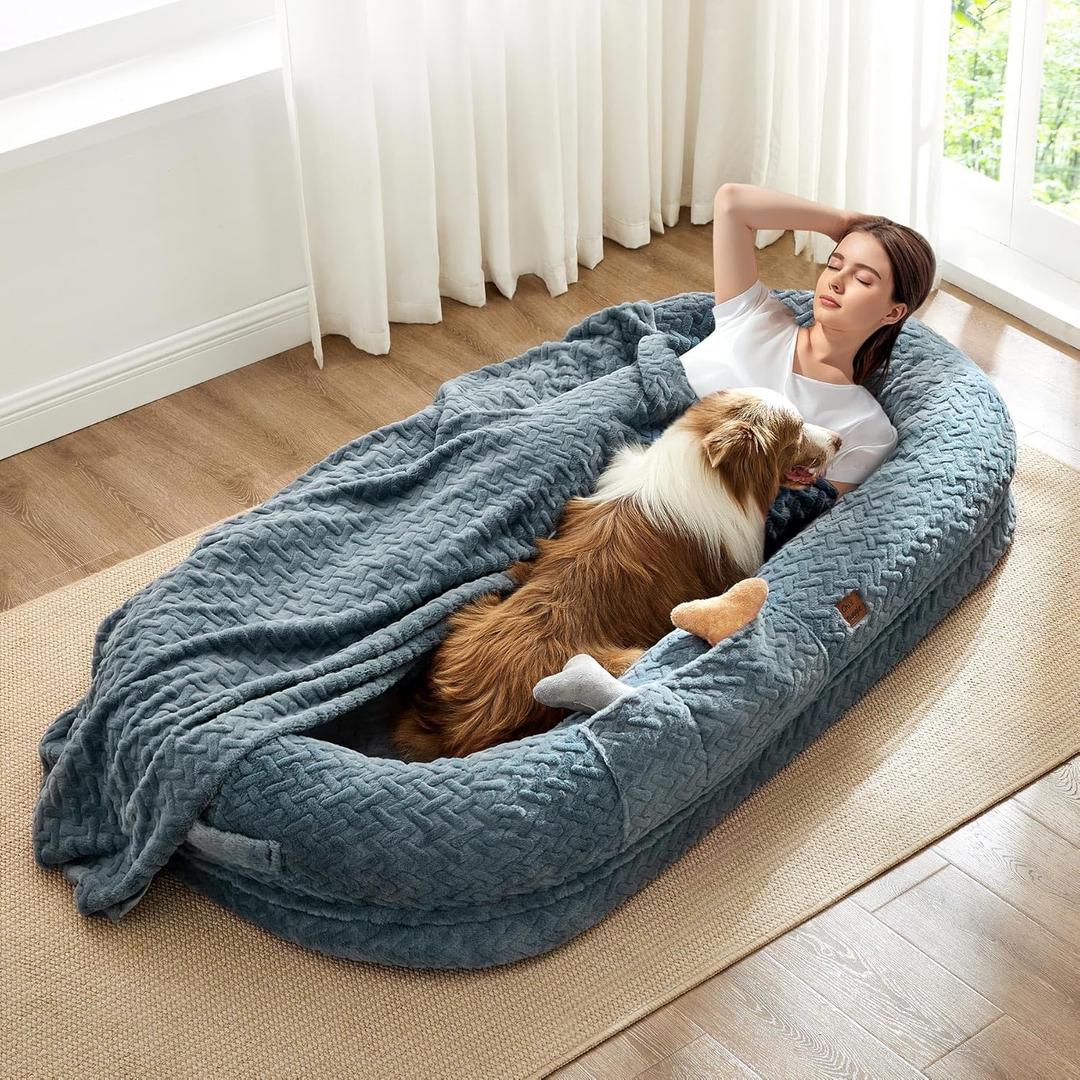 Human Dog Bed for Adult - Luxury Faux Fur Giant Size Dog Bed with Portable Handle, Egg Orthopedic Foam Bed with Blanket, 72"x40"x10", Grayish Blue