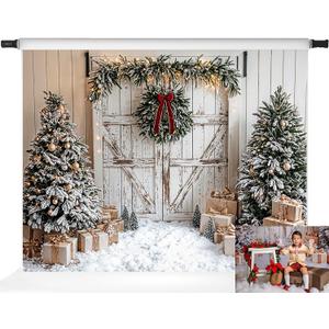 Kate Christmas Trees Backdrop Barn Door White Snow Floor Xmas Party Festive Backdrops, 7x5ft