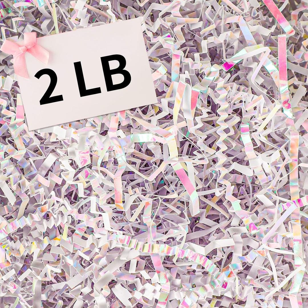 woric 2 LB Crinkle Cut Paper Shred Filler, Iridescent White Crinkle Paper Shred Baskets Filler Shredded Paper for Gift Box Filling Mother's Day Baby Shower Birthday Wedding