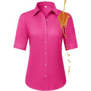 Gleeivy Women's Short Sleeve Button Up Shirt Collared Fitted Wrinkle Free Blouse Stain Shield Professional Business Top (S)