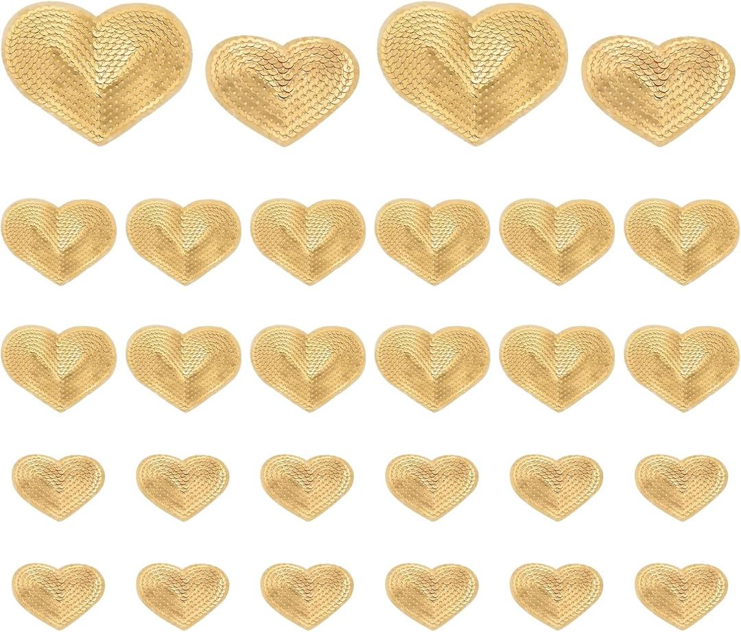 PATIKIL Sequin Heart Iron on Patches, 28 Pcs Sew on Applique Patch Embroidery Sequin Glitter Patches for DIY Shoes Clothes Hats Backpacks Costume, Gold